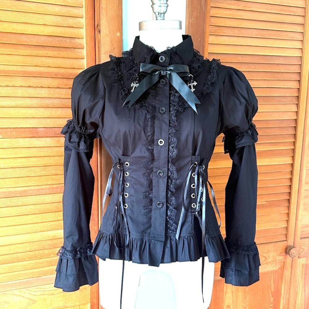 ACDC Rag Gothic Lolita EGL Aristocrat Black Lace-Up Cross Transformer Shirt OS L